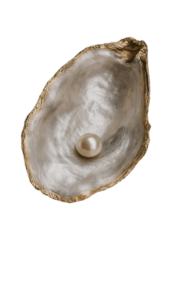 A gilded oyster shell holding a single pearl.
