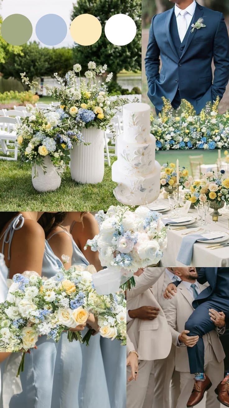 The couple's styling board: sage green, dusty blue, butter yellow and white swatches above photographs of blue and yellow florals, a tiered cake, bridesmaids in dusty blue satin, and groomsmen in navy and beige suits.
